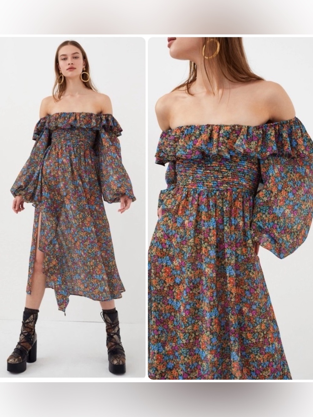 For Love & Lemons Brittany Floral Ruffle Smocked Side-Slit Midi Dress NWT $266 - Picture 2 of 7